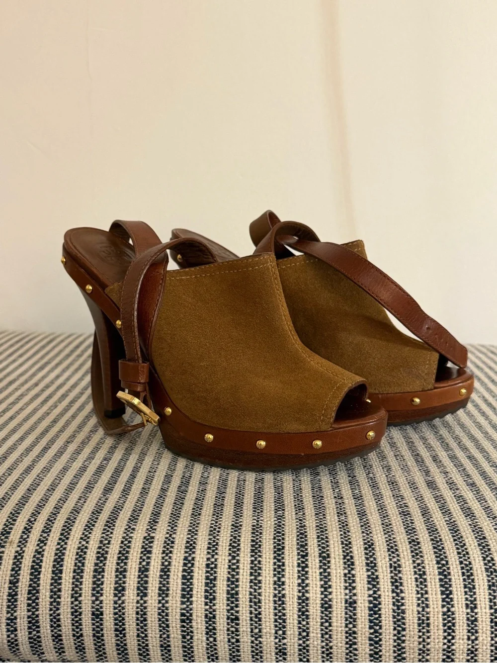 Tory Burch Brown Suede & Leather High Heel Clog Mules